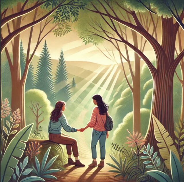 a picture with two women on a hike holding hands with trees and nature around them.